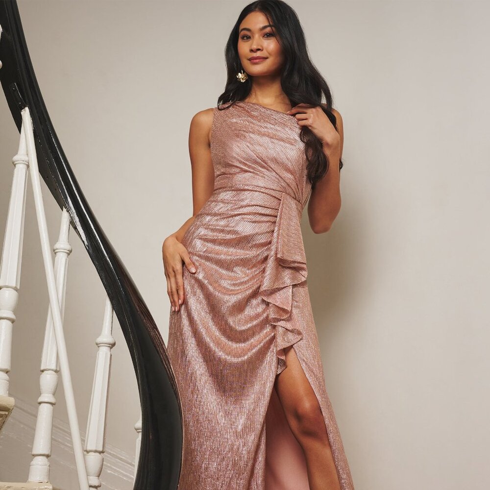 Adrianna Papell Draped Metallic Foil Long Dress In Rose Gold Size 18Rose Gold /